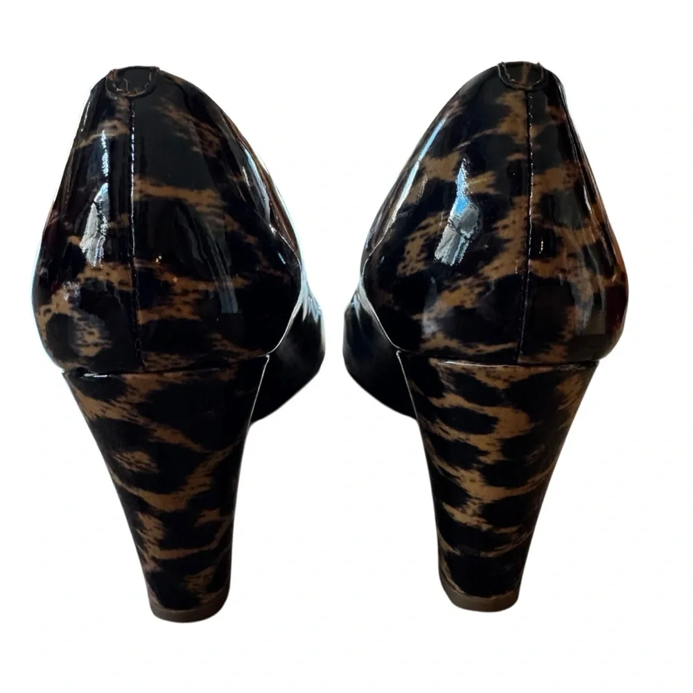 J Crew Size 7 Black/Tan Patent Leather Leopard Print Wedge Shoes Heels